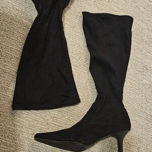 Elegant Black Women's Knee-High Boots Wide Calf Stretch Sueded EUC